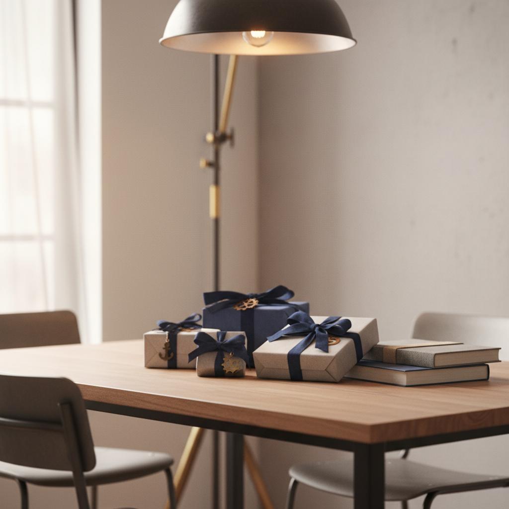 Intime Esstischszene mit Geschenkdetails (Bänder, Metallanhänger, Bücher) im leicht-industriellen Look, warmes Licht und Holzoberflächen – 5-geschenke-regel