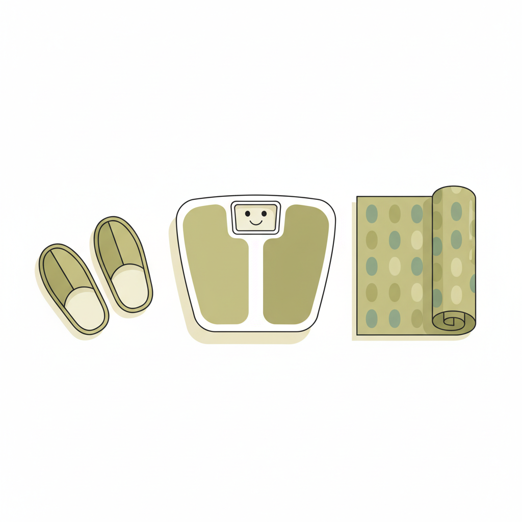 Minimalistische 2D-Vektorillustration einer Waage mit Smiley-Display, Hausschuhe und Trainingsmatte in Vegardians-Farben – Thema: Übungen pro Training