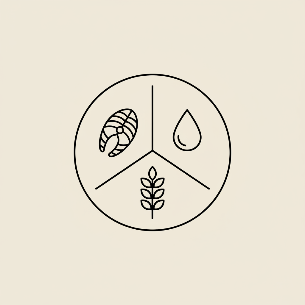 Minimalist vector plate divided into three sections showing fish fillet, olive oil droplet, and grain stalk to illustrate the 30/30/40 macro rule, beige background