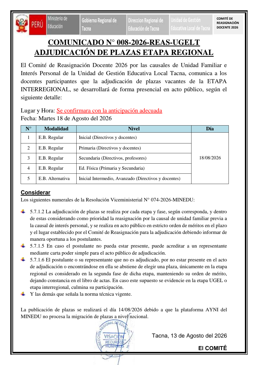 Comunicado N° 008-2026-REAS-UGELT