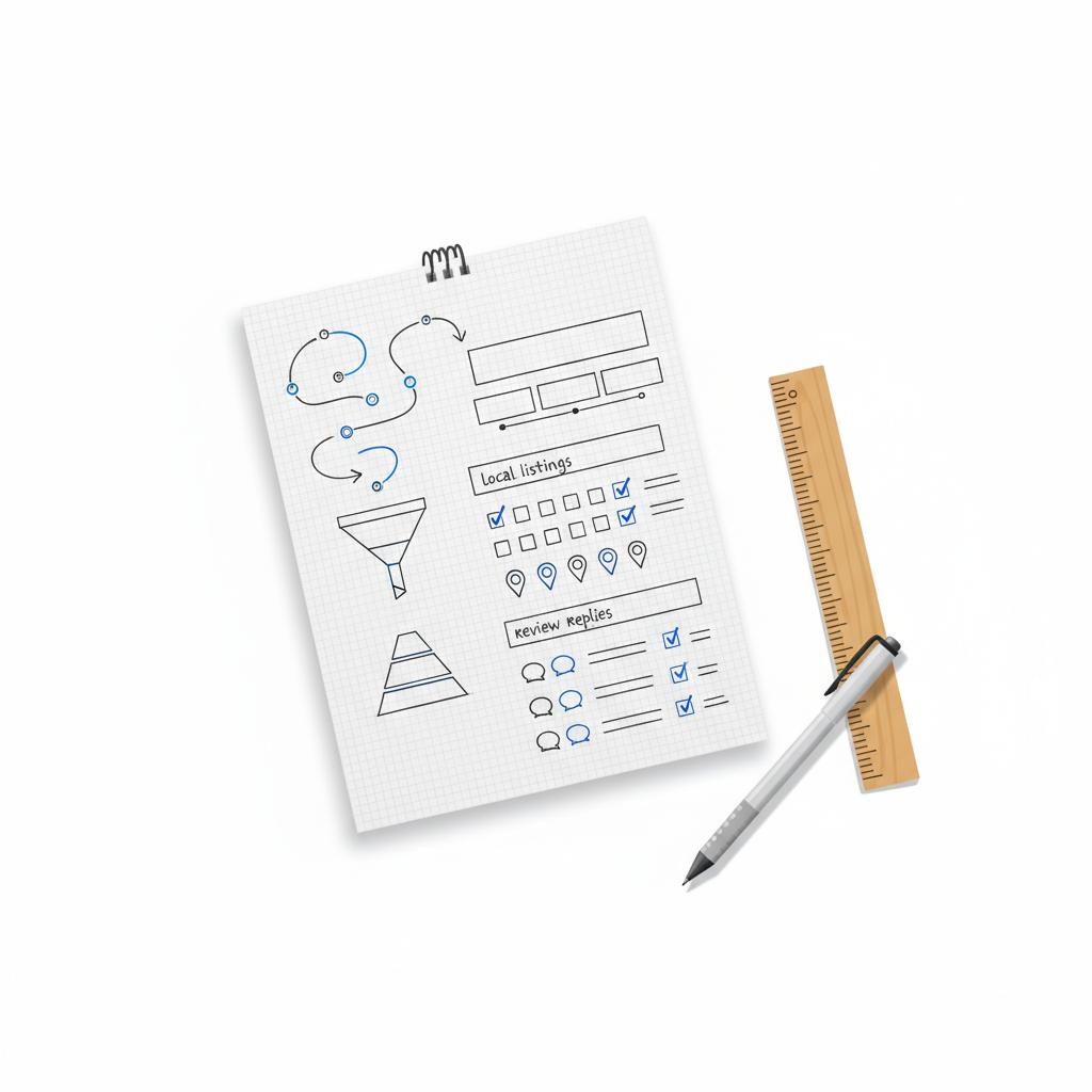 Overhead 2D vector workspace: notebook with sketched customer journey maps, checklists for local listings and review replies, pen and ruler &mdash; What are the benefits of Houzz Pro?