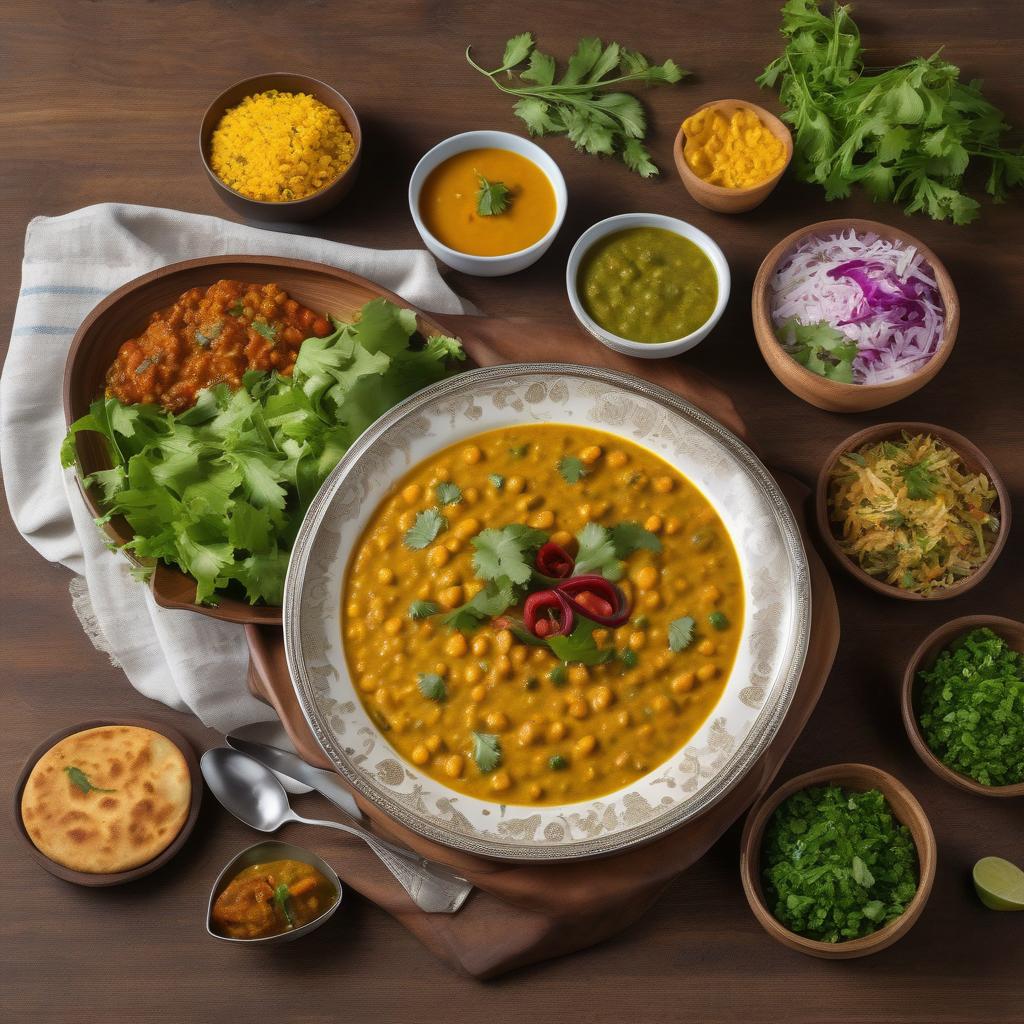 colorful healthy Indian meal plate with dal, sabzi, roti, and salad