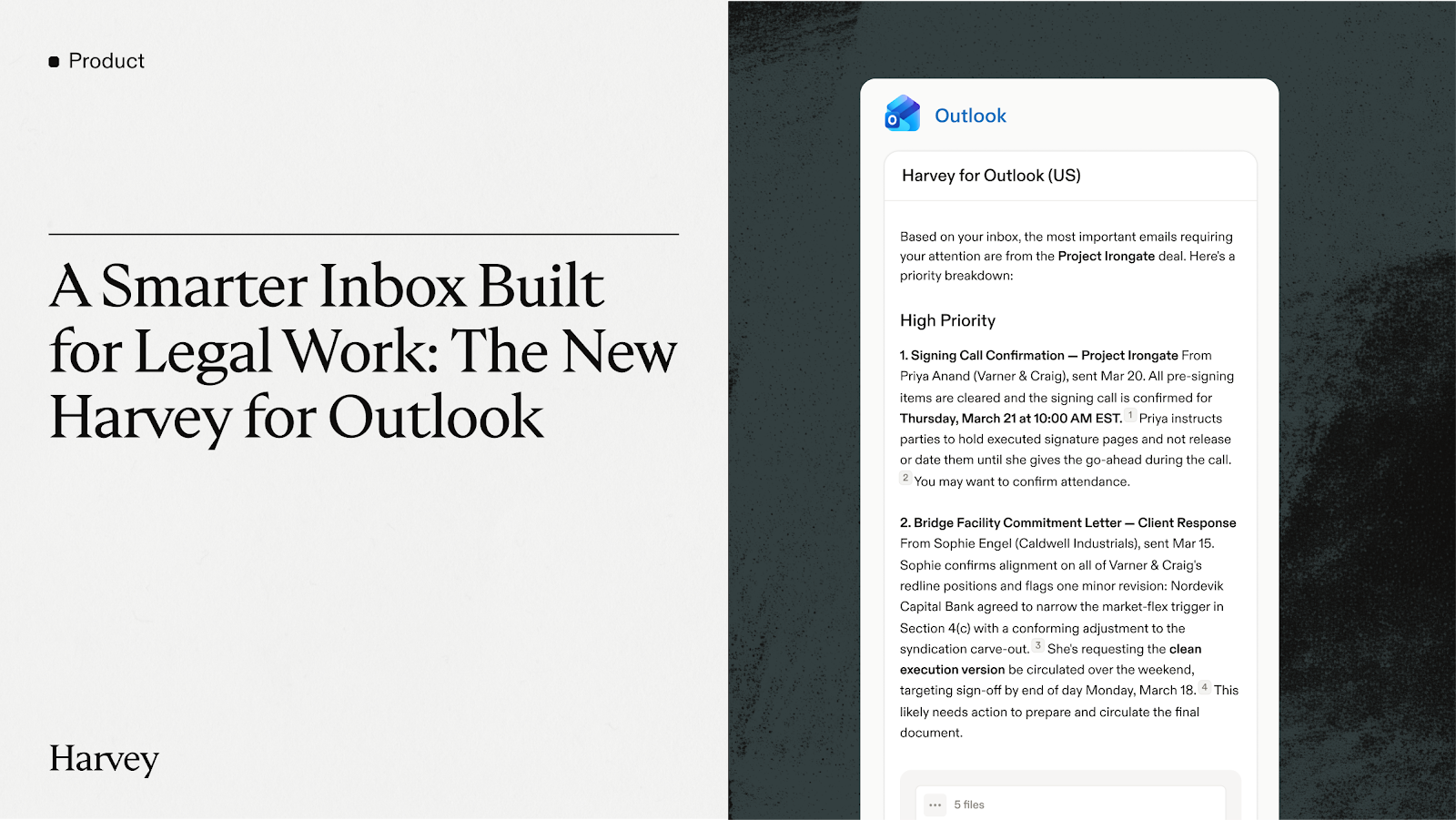 Figure 2. Harvey for Outlook 연동을 통한 법률 특화 인박스(Inbox) 분석 및 우선순위 자동 분류.