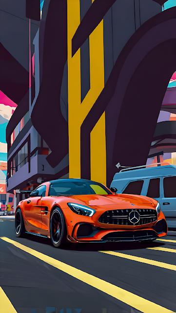Orange Mercedes AMG GT Stylized Pop Art Cityscape - Free mobile Wallpaper