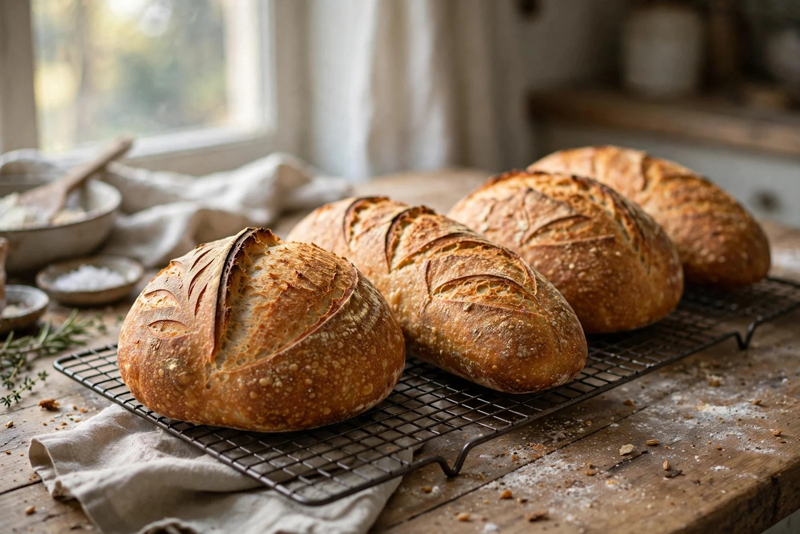 Freshly baked golden-brown bread loaves cooling on a wire rack on a kitchen counter in soft morning window light