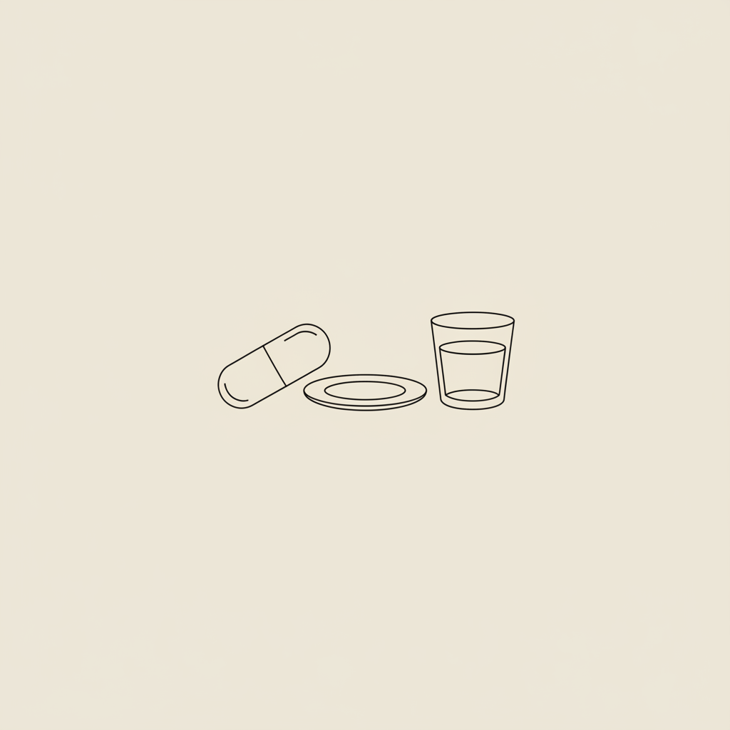 Minimalist Tonum-style vector line illustration of a capsule beside a small plate and glass of water on beige background — is there a pill form of Ozempic