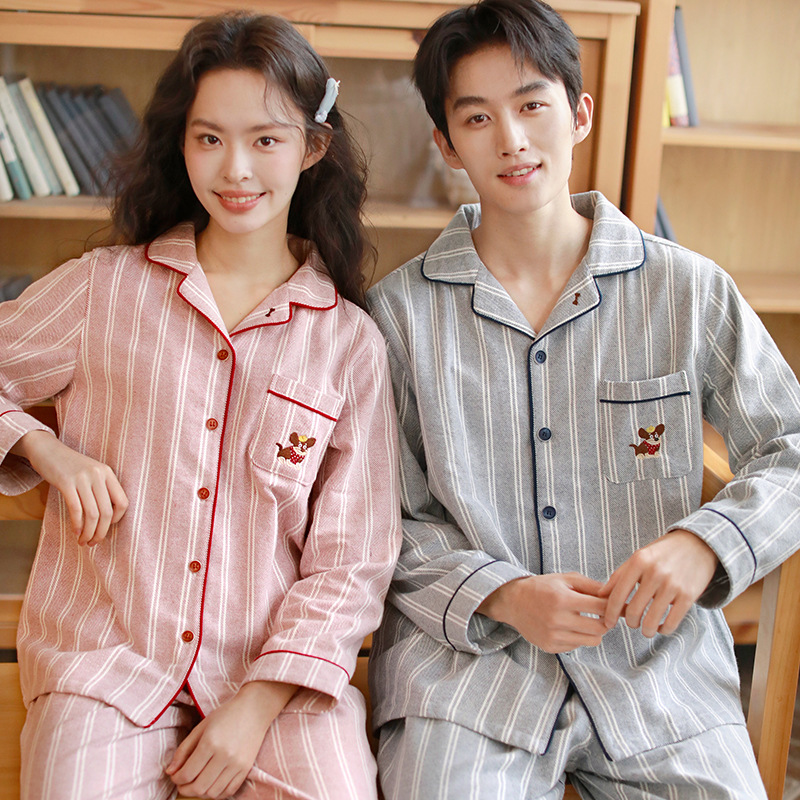 Cotton pajamas for couples, striped, embroidered
