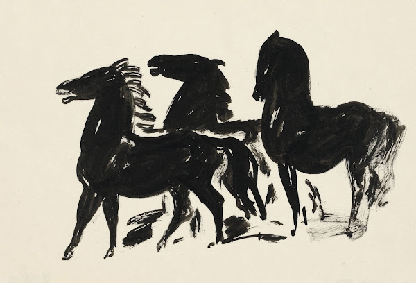 Drie zwarte paarden staand naar links kijkend 1935 1936