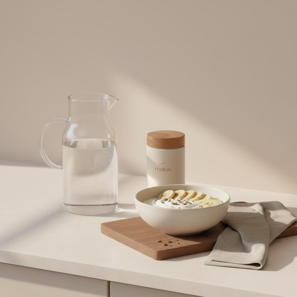 Minimalist morning kitchen with glass carafe, protein-rich breakfast bowl and Tonum supplement jar placed unobtrusively — signs you need adrenal support