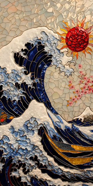 Great Wave Stained Glass Japanese Art Hokusai Inspired Mosaic - Free mobile Wallpaper