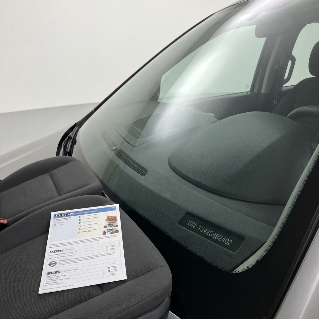 Photorealistic close up of a car dashboard and VIN plate with a printed vehicle history report on passenger seat highlighting best used car site to buy from minimalist white background and subtle blue accent #3666ed