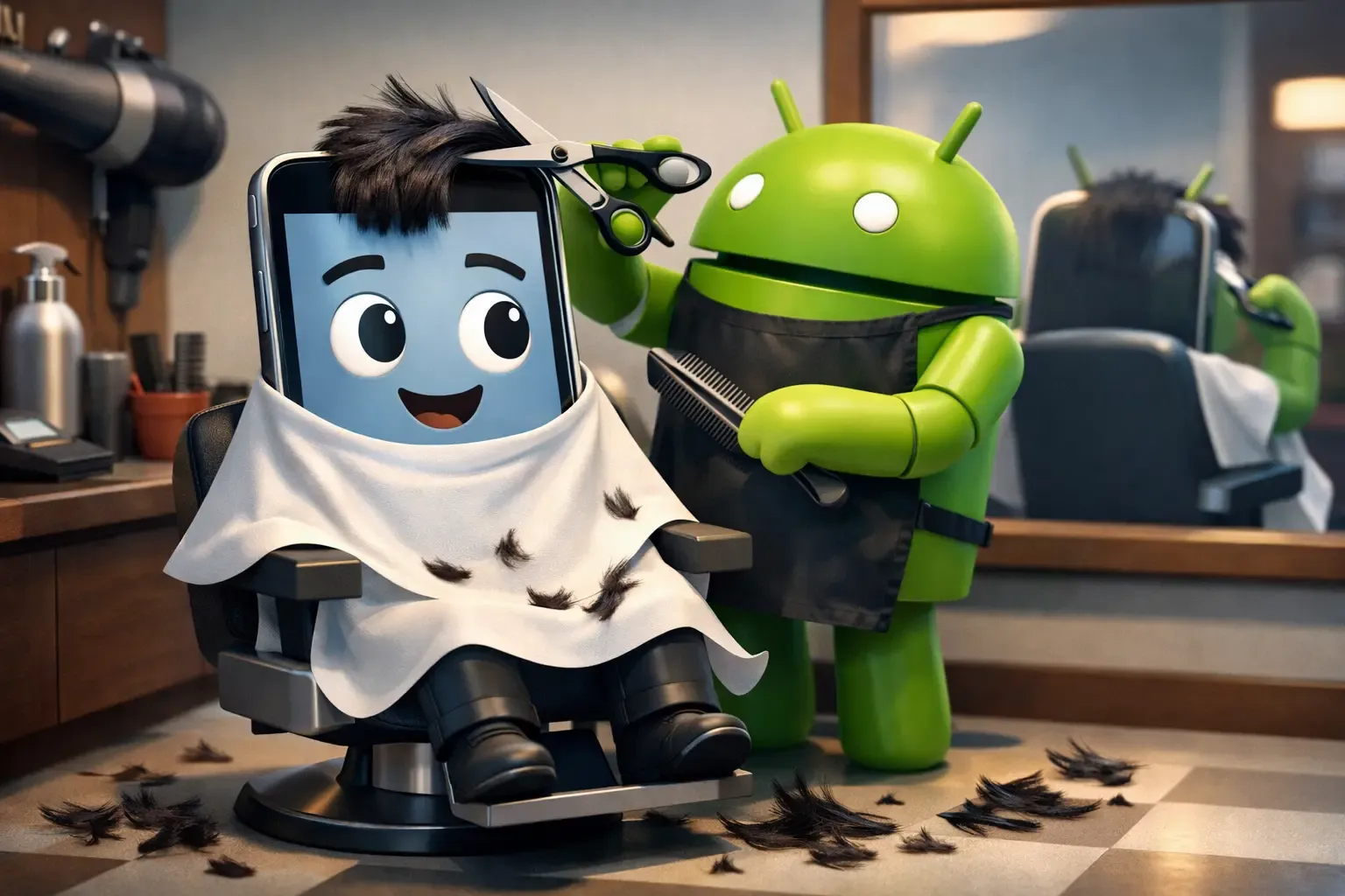 Un teléfono móvil cortándose el pelo en la peluquería del Sr. Android.