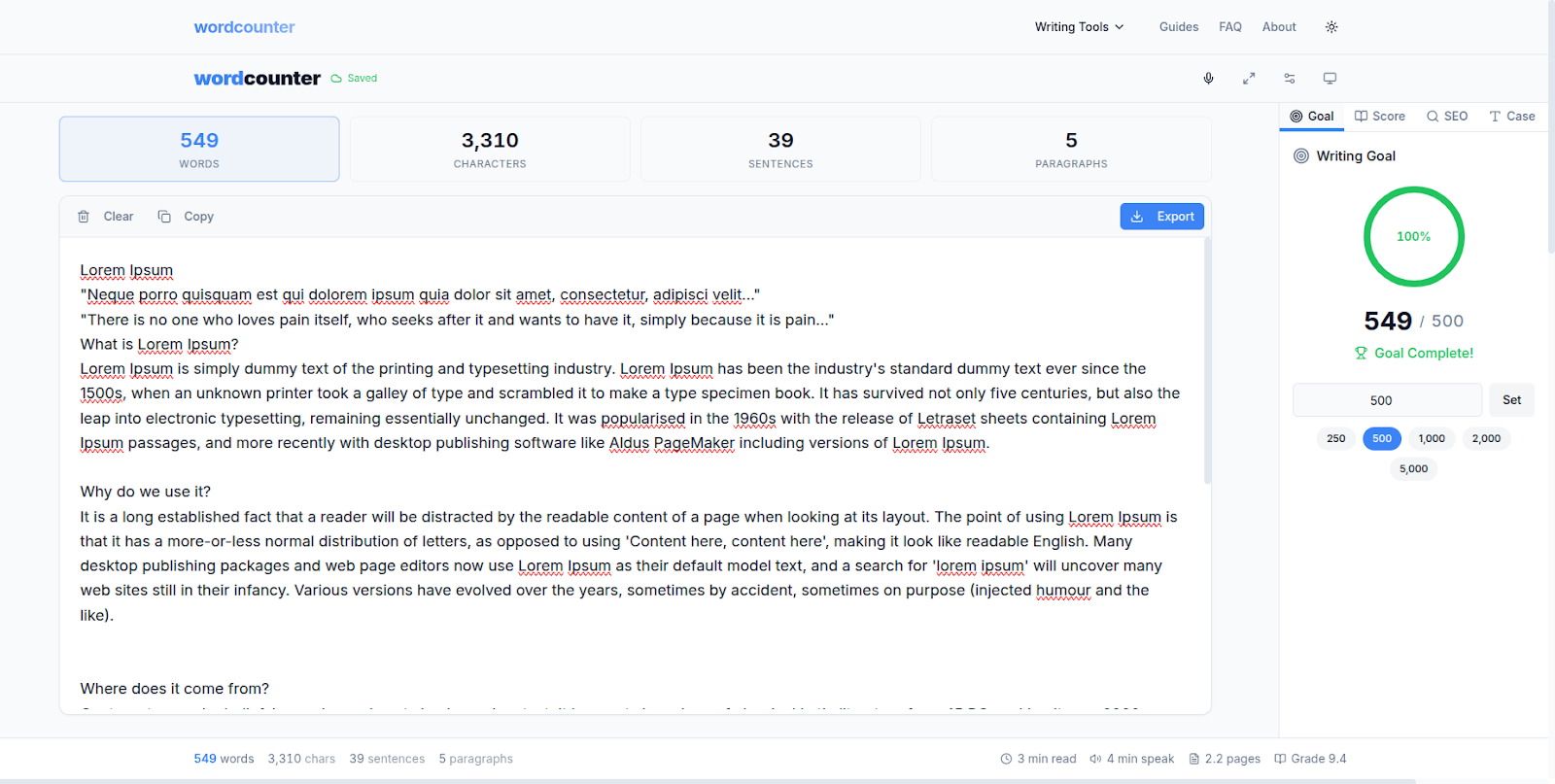 WordCounter showing keyword density reading time and sentence count for essays free