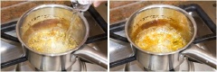 Làm sốt caramel cho bánh pudding: cho 1.5 muỗng canh đường vào nồi có đáy dày, vừa đun và vừa khuấy đều tay cho đến khi đường tan hoàn toàn thì thêm 1.5 muỗng canh nước vào tiếp tục đun đến khi caramel chuyển màu nâu vàng, sệt lại thì tắt bếp.