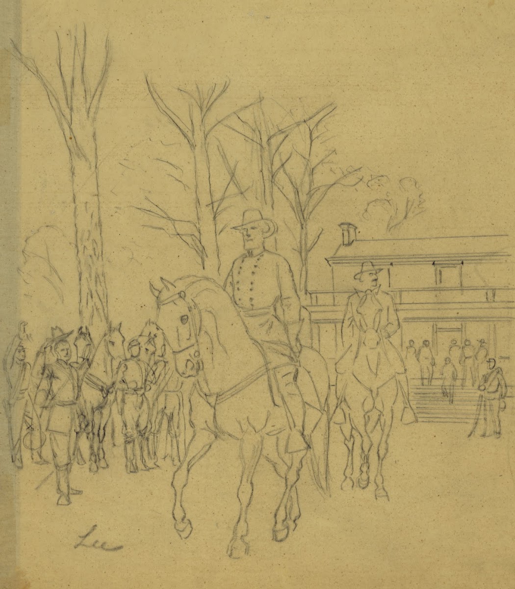 Robert E Lee leaving the McLean House following his surrender to Ulysses S Grant