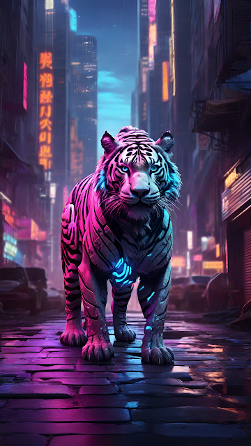 Neon-Lit Cyber Tiger Stalking Through Rainy City Alley - Free mobile Wallpaper