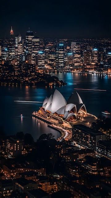 High Angle Aerial Night View of Sydney Opera House and City Skyline - Free mobile Wallpaper