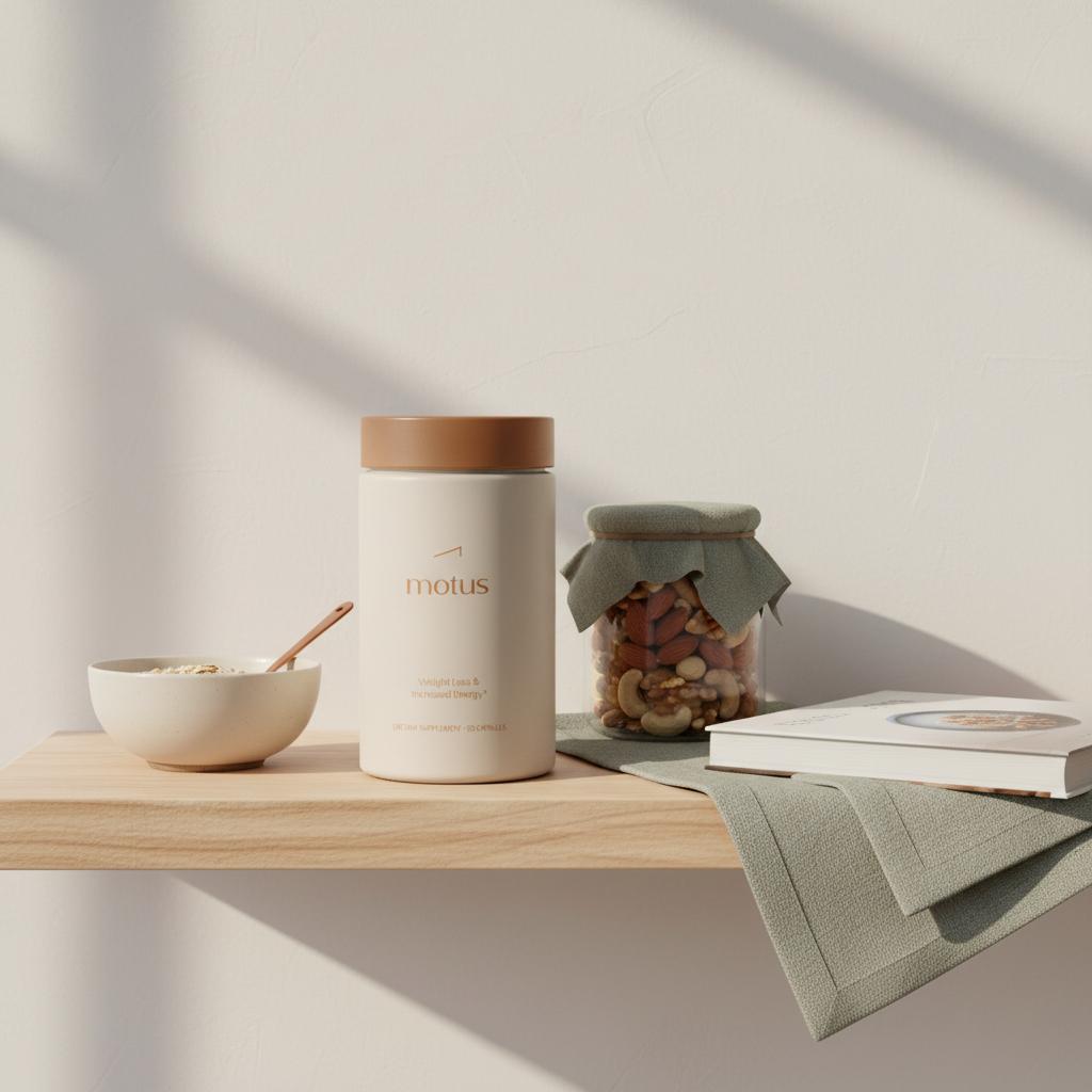 Minimalist kitchen shelf with Tonum Motus bottle next to a bowl of oats, jar of mixed nuts and folded cookbook; bright, airy scene to reduce sugar cravings naturally.