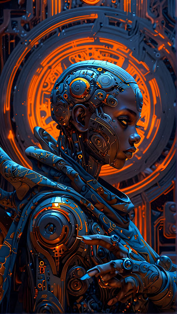 Cyberpunk Woman Portrait Neon Orange Blue Mech Art - Free mobile Wallpaper