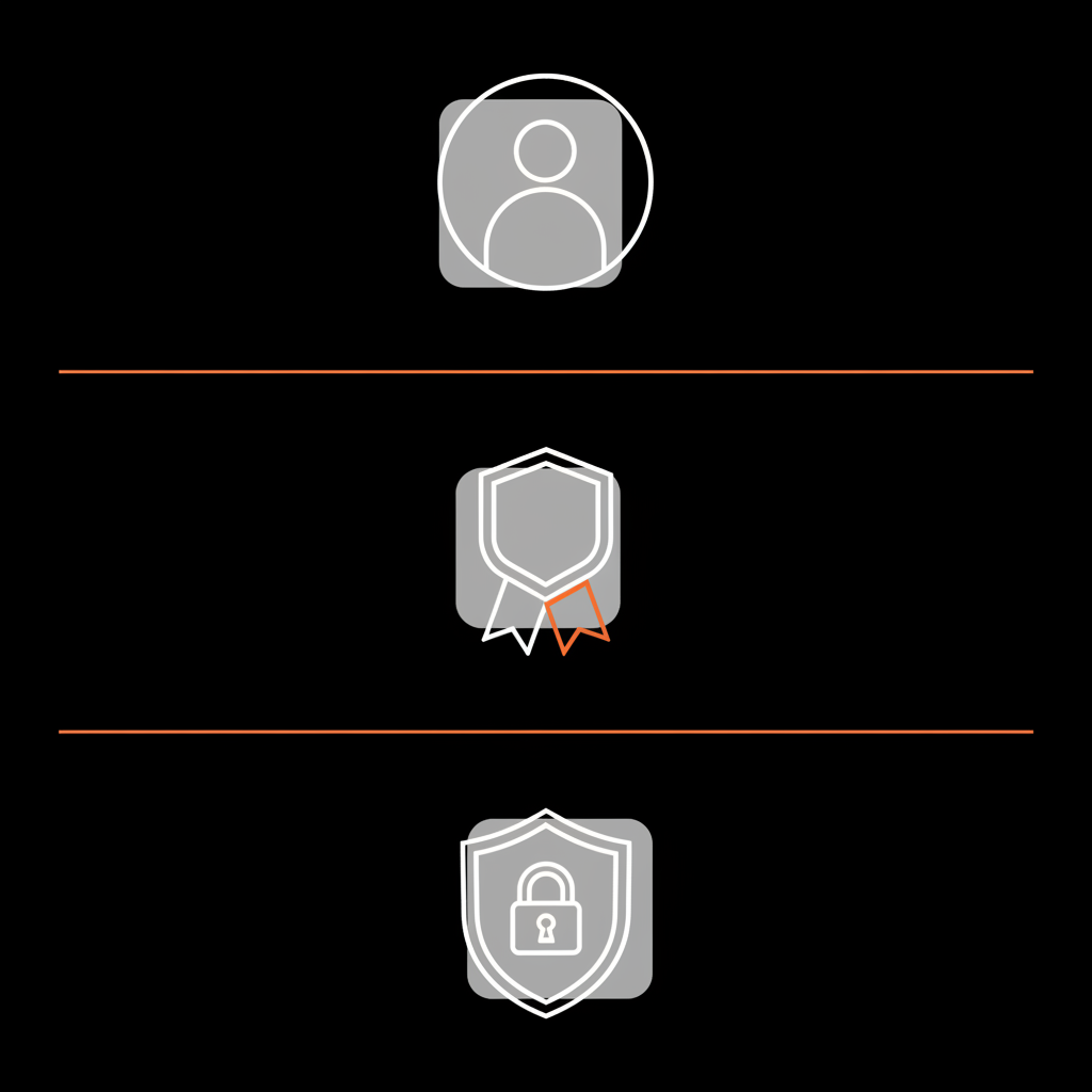 Minimal 2D vector infographic with three stacked icons (profile, proof badge, security shield) on a black background with grey shapes and orange accents, for blue tick on Instagram