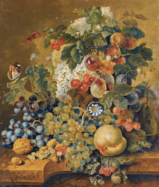 A Still Life With A Basket Of Fruit NutsAnd Flowers On A Stone Ledge 1812