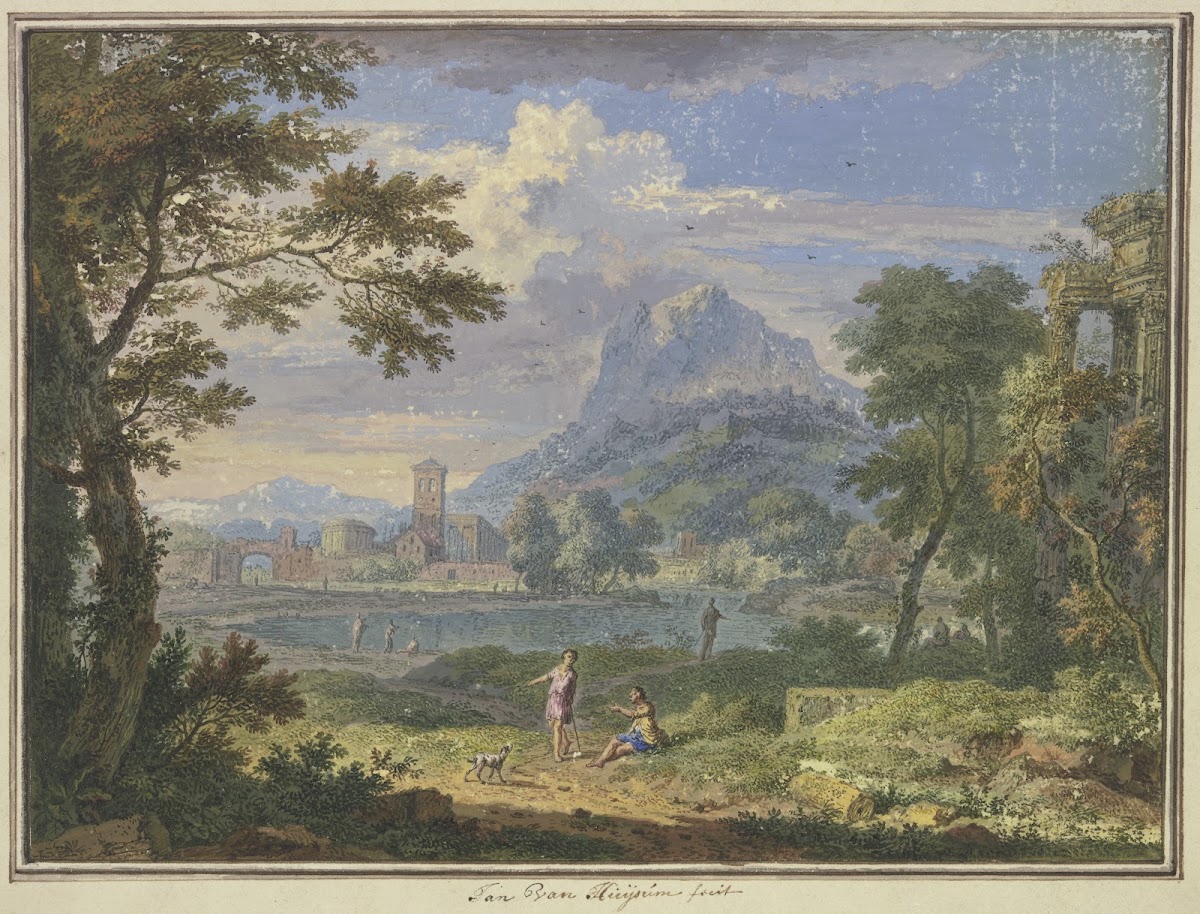 Landschaft mit einer italienischen Stadt bei einem hohen Berg rechts die Ruine e