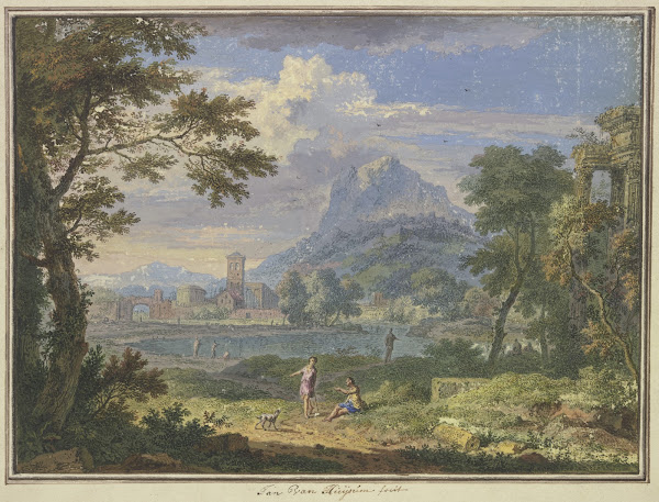 Landschaft mit einer italienischen Stadt bei einem hohen Berg rechts die Ruine e