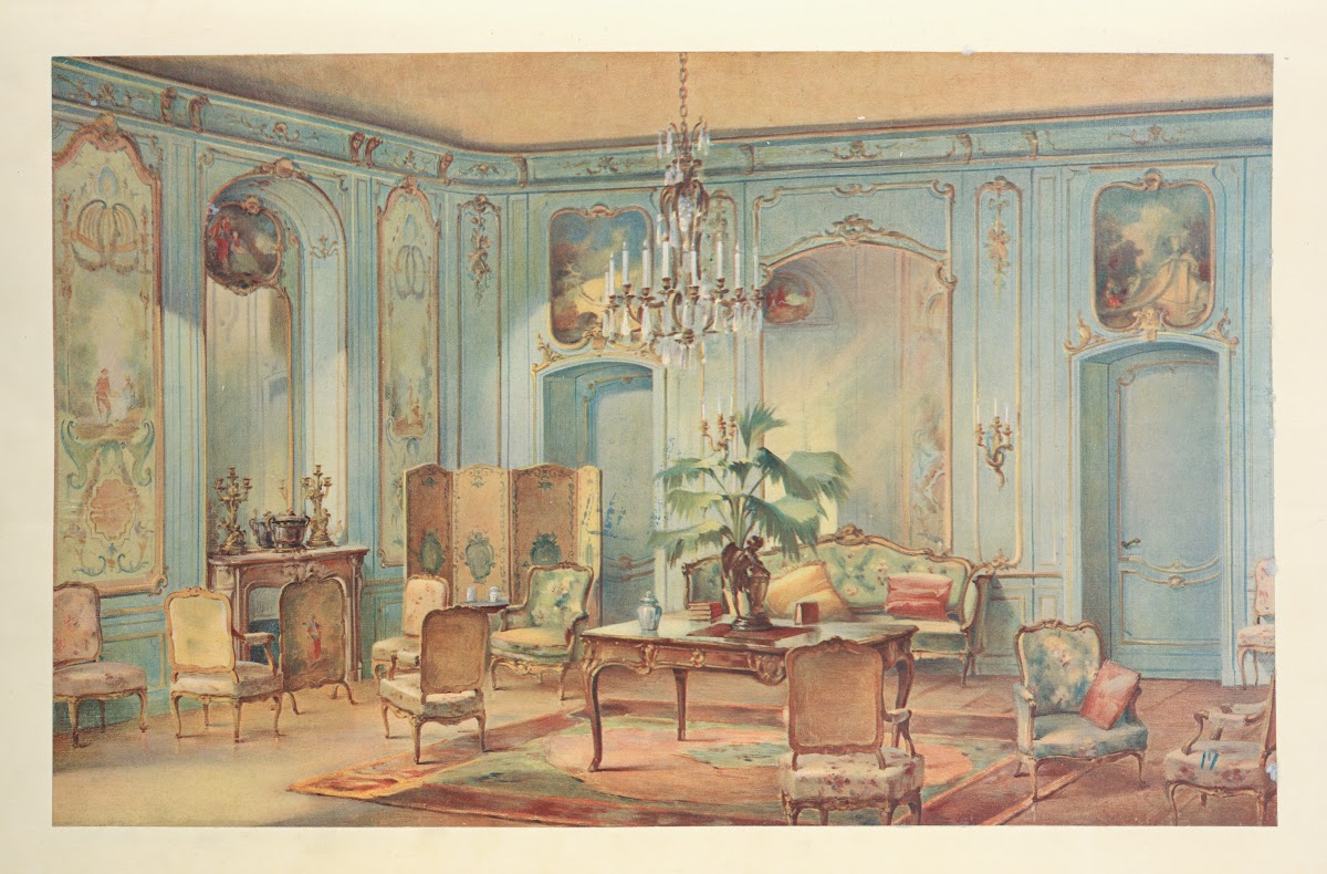 Grand salon Louis XV peint en gris vert 1907