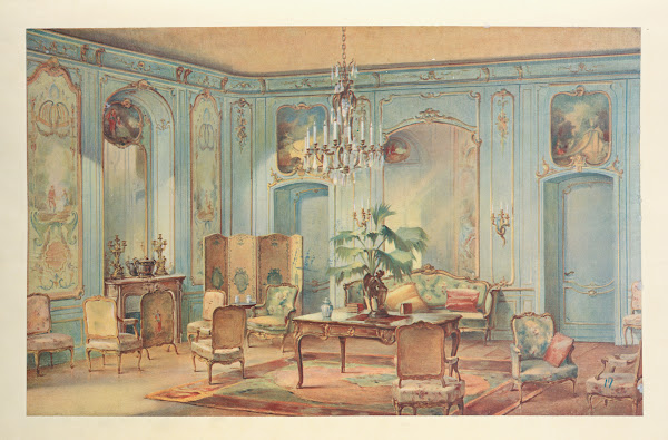 Grand salon Louis XV peint en gris vert 1907