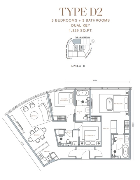 Orion Residence Type D2 floor plan — 1161 sq ft, 3 bedrooms