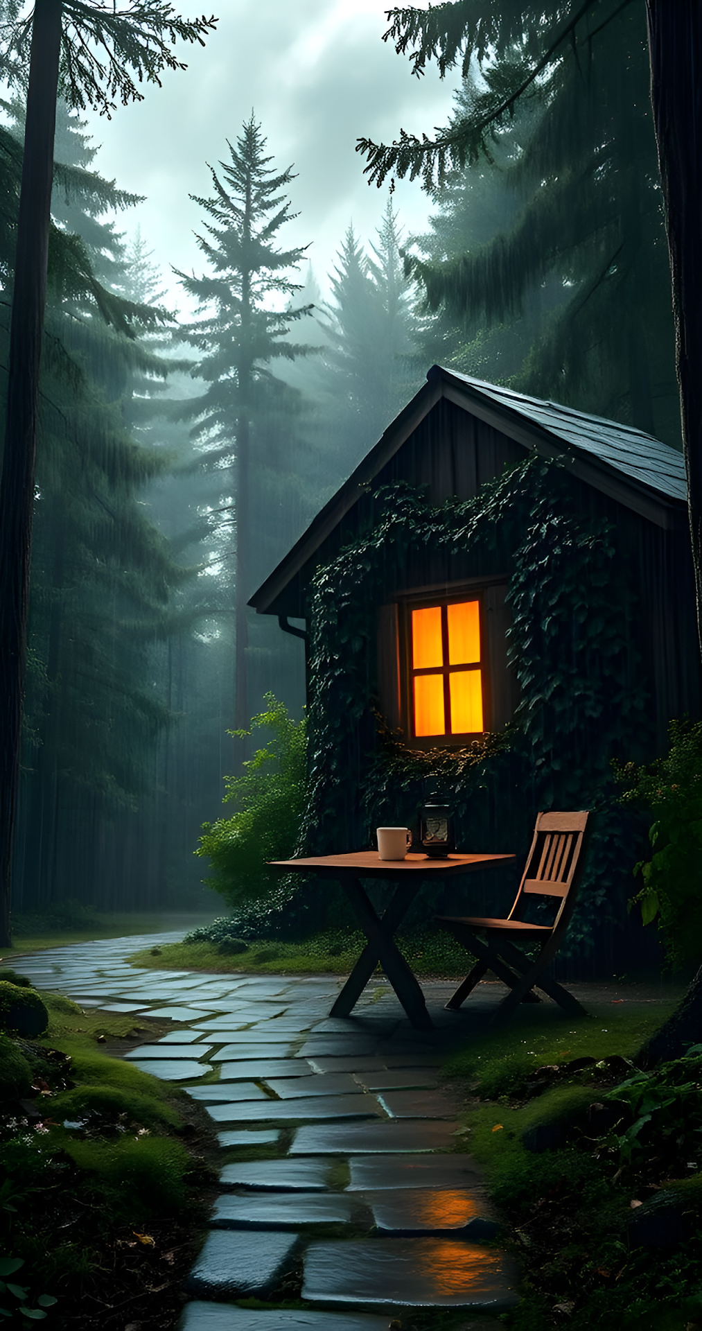 Cozy Forest Cabin in Misty Woods with Warm Window Light - Free 4K mobile Wallpaper
