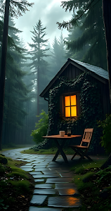 Cozy Forest Cabin in Misty Woods with Warm Window Light