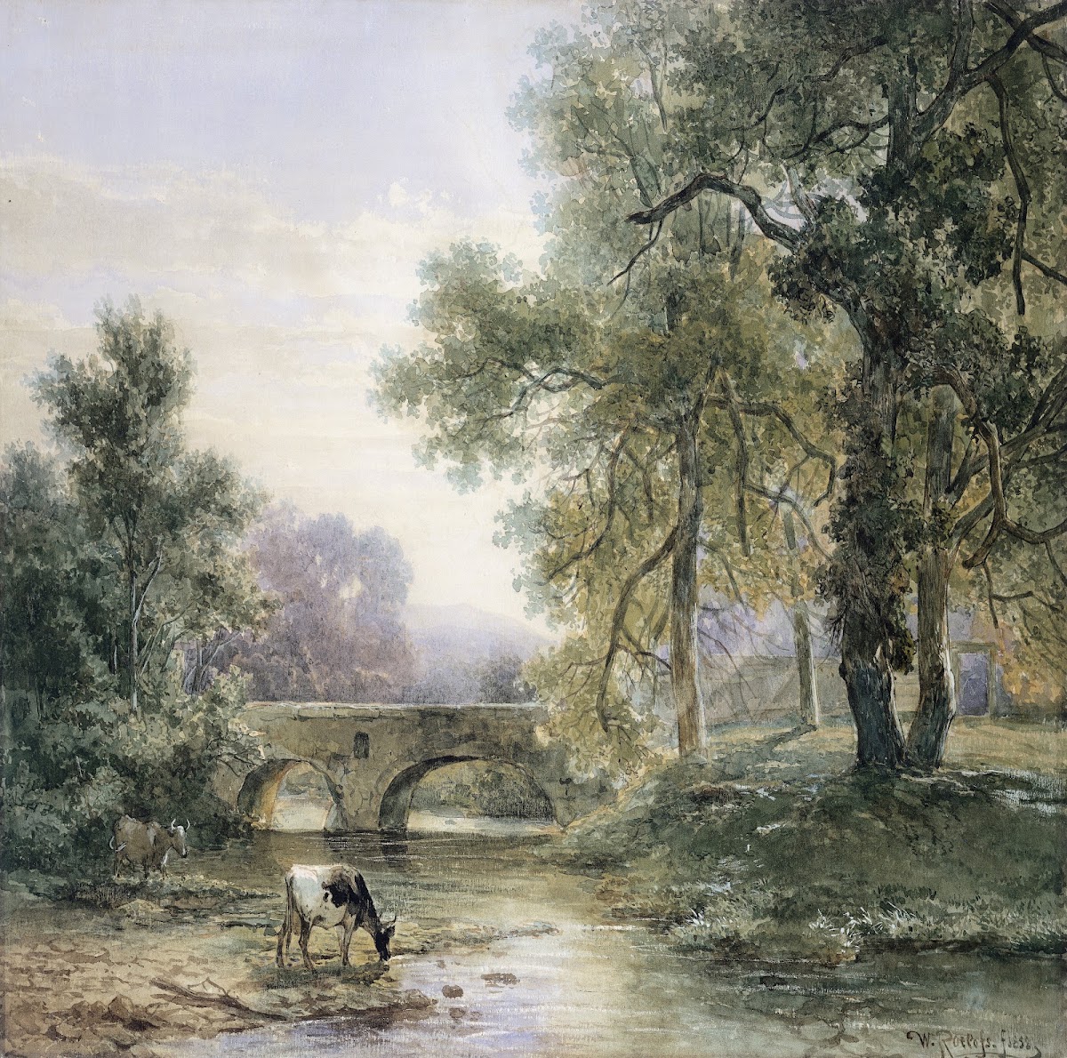 Boomrijk landschap met stenen brug over een rivier 1852