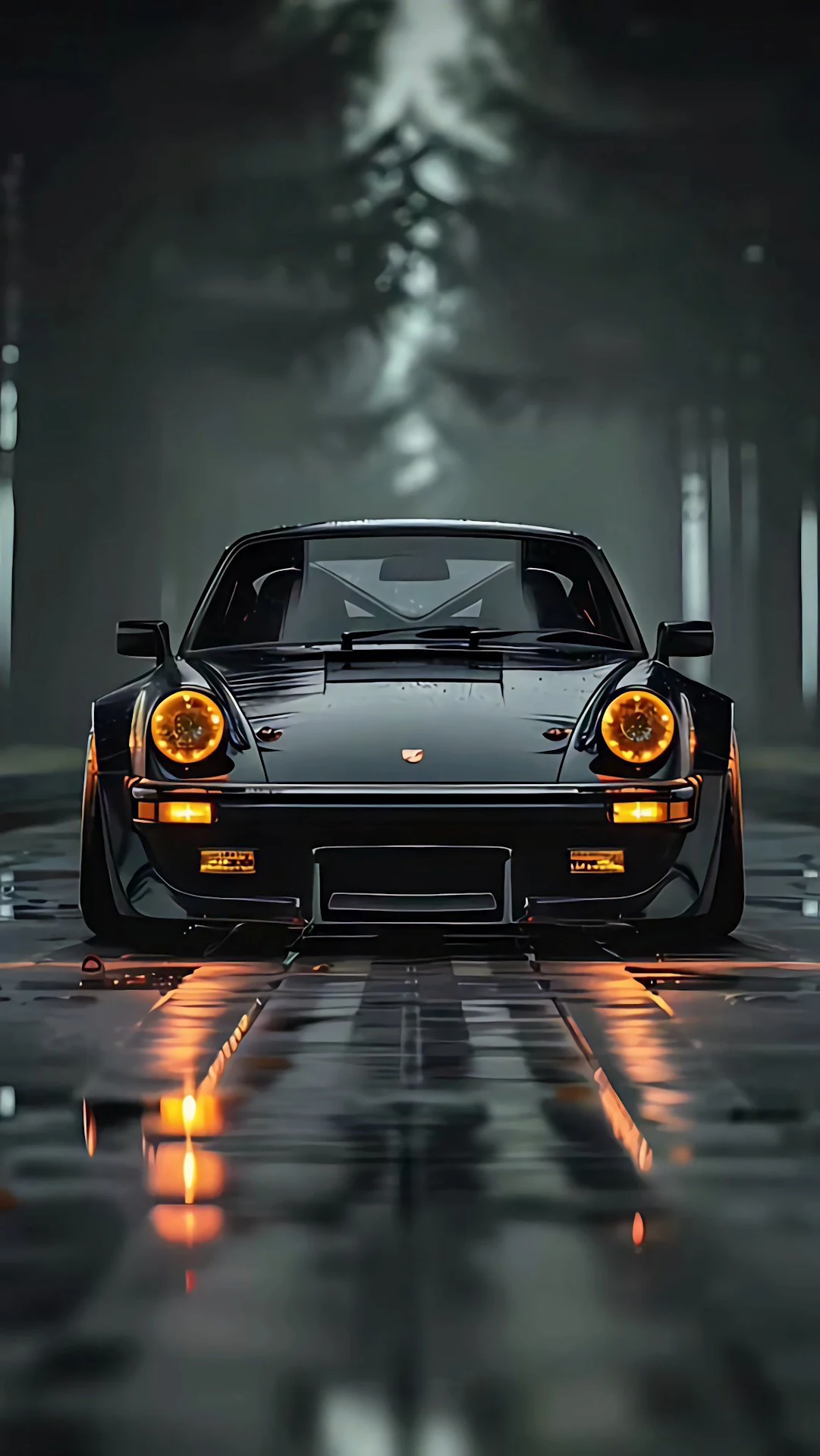 Classic Black Sports Car Rainy Forest Road Automotive - Free 4K mobile Wallpaper