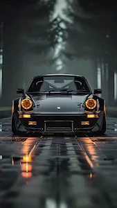 Classic Black Sports Car Rainy Forest Road Automotive