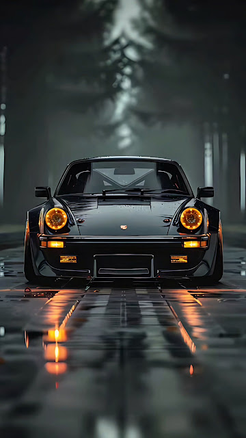 Classic Black Sports Car Rainy Forest Road Automotive - Free mobile Wallpaper