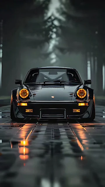 Classic Black Sports Car Rainy Forest Road Automotive