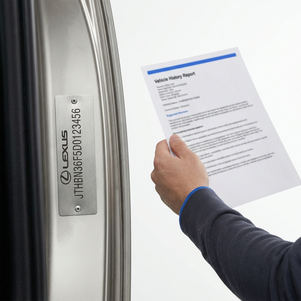 Close up of Lexus VIN plate with hand holding a vehicle history report beside it used lexus for sale