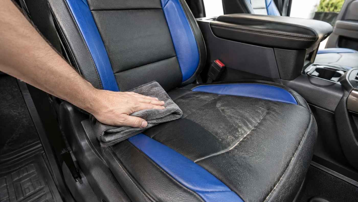 Mud and trail dust wiped clean from an eco-leather covered seat in a GMC Sierra 1500 AT4