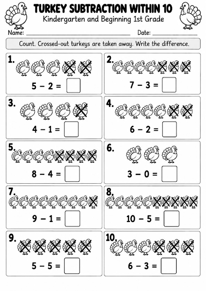 Turkey Subtraction Within 10 Worksheet