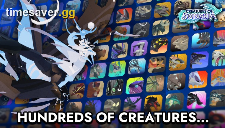 Creatures of Sonaria official Roblox thumbnail, a white winged creature in front of a grid of creature icons with the caption Hundreds of Creatures