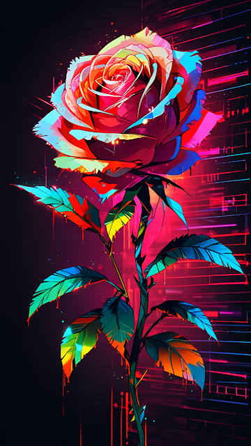 Vibrant Neon Cyberpunk Rose Illustration Digital Pop Art - Free mobile Wallpaper