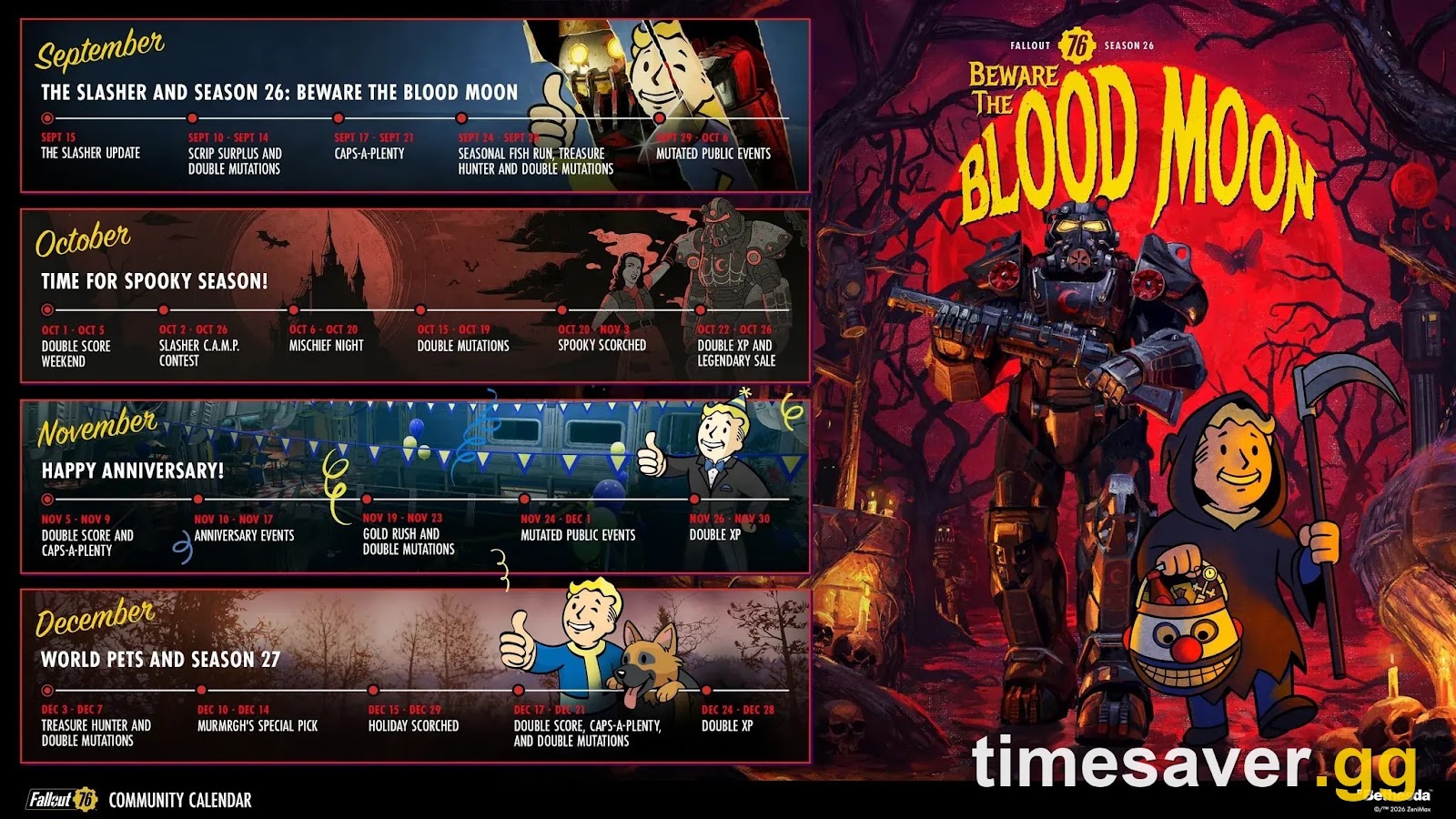 Fallout 76 Q4 2026 community calendar showing Season 26 events including The Slasher update and anniversary events