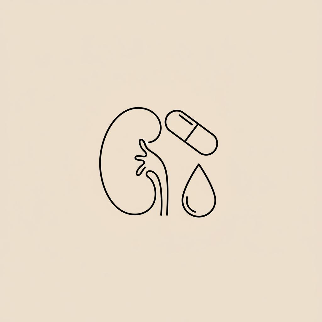 Minimal Tonum-style line illustration of a kidney outline with a capsule and water droplet on beige background, symbolizing diuretics and kidney function.