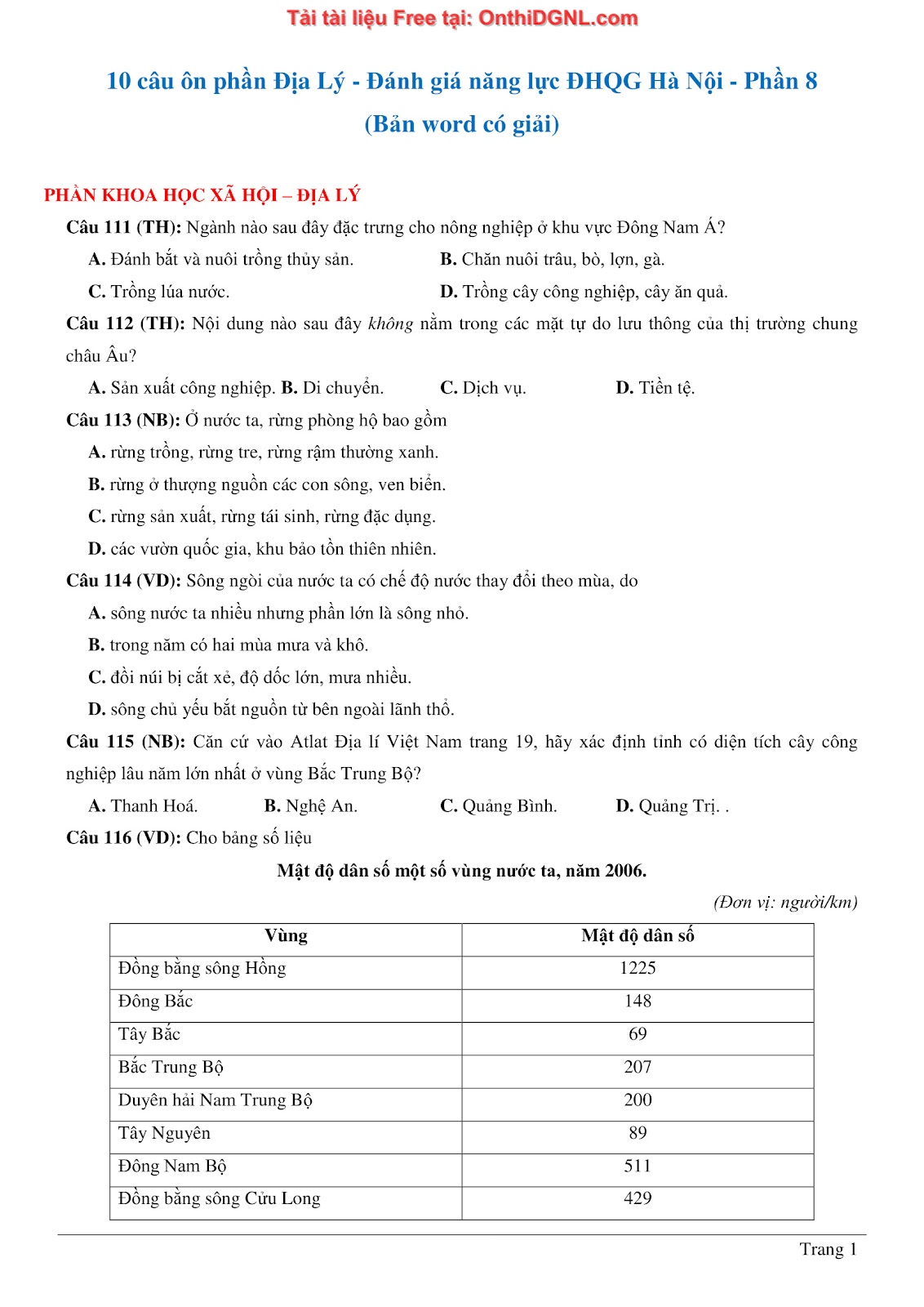 150bài tập môn Địa Lý - Ôn thi ĐGNL ĐHQG TP hà nội Phần 8