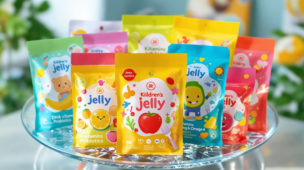 다양한 어린이젤리 제품이 투명한 접시에 담겨 있고, 각 젤리 포장에는 DHA, 비타민, 유산균, 오메가3 등 주요 성분이 표기되어 있으며, 성분별 영양성분표와 함께 비교 설명이 병행되는 실내 환경
