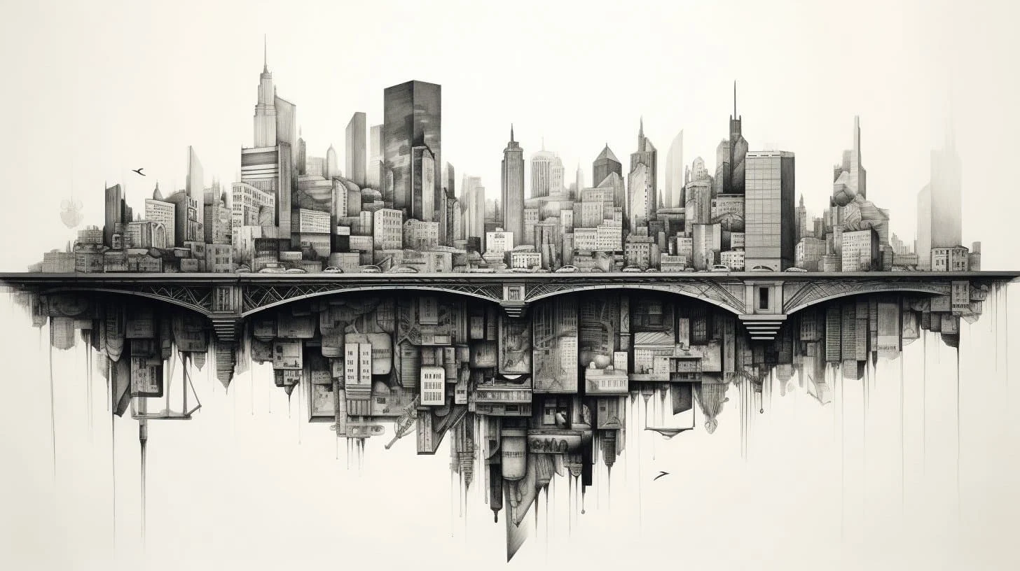 Boceto a tinta de paisaje urbano deformado plegable