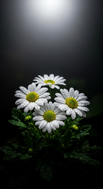 Dramatic Close-up of Three White Daisies and Dewdrops Against a Dark, Moody Background - Free mobile Wallpaper