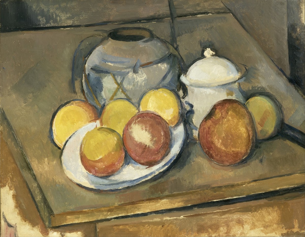 Straw Trimmed Vase Sugar Bowl and Apples 1890   1893