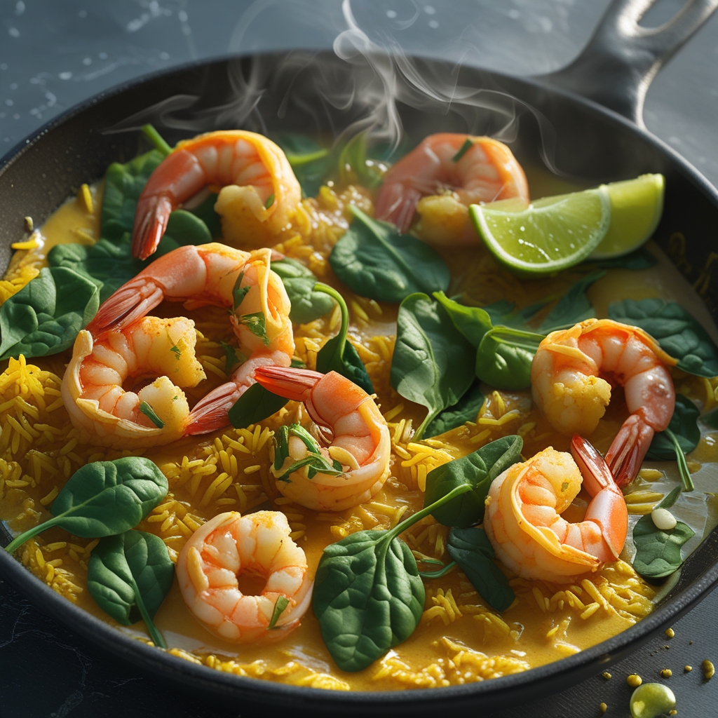 Final One-Skillet Indian Turmeric Shrimp & Spinach with Coconut Lime Rice